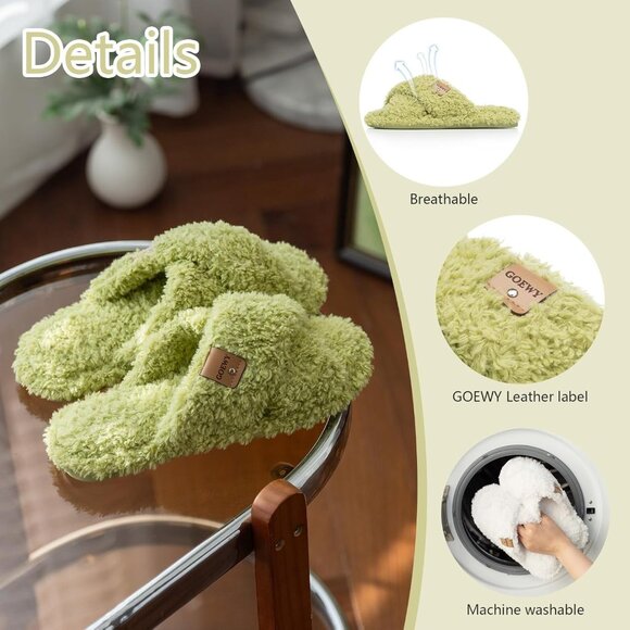 ⚡Women’s Grass Green Faux Fur Cozy Fuzzy Cross Band Slippers House Shoes - Picture 4 of 6
